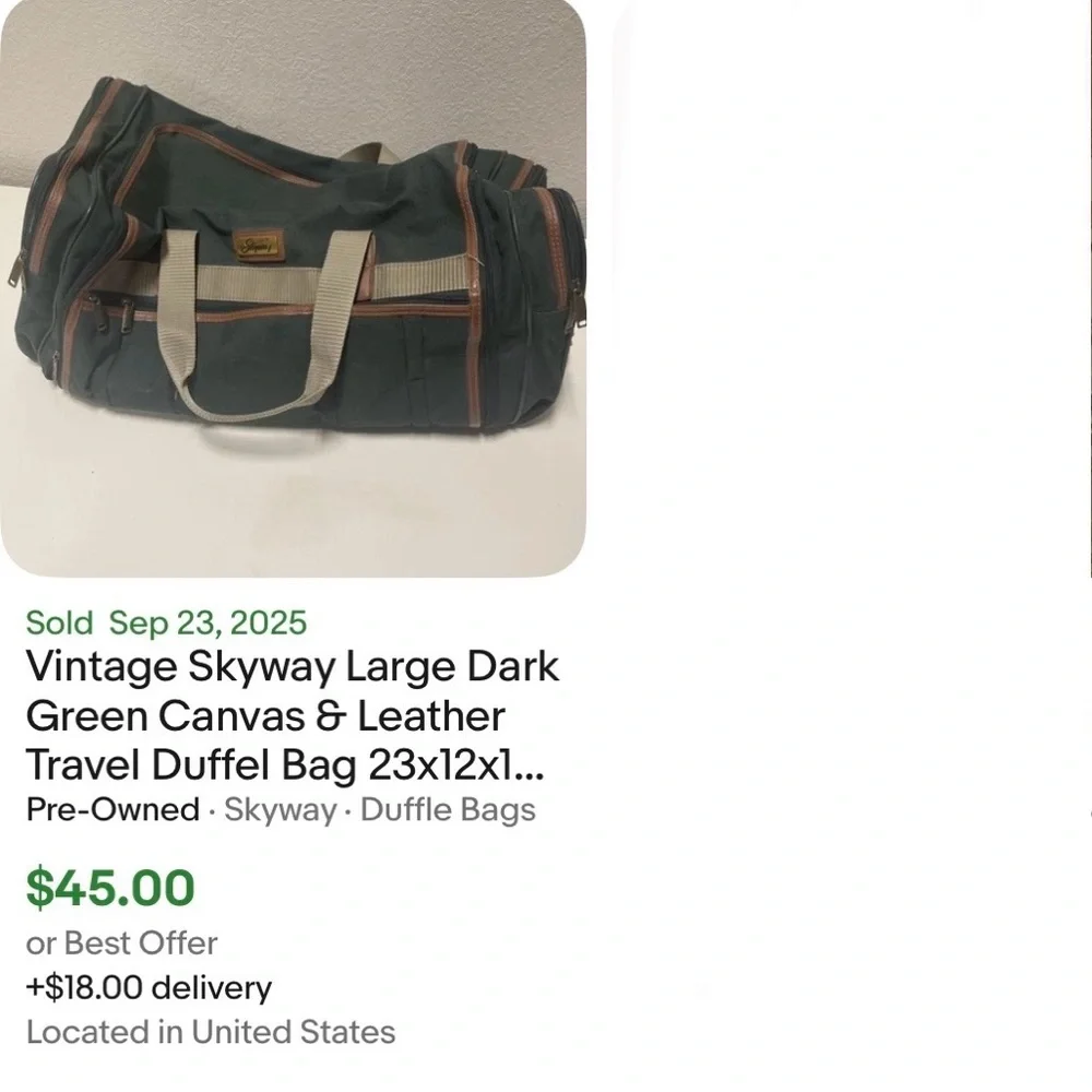 Vtg  Skyway Lg Dark Olive Green Canvas & Leather Travel Duffel Bag luggage…